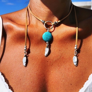 Leather Choker turquoise Necklace pendant silver beaded   • Bohemian Handmade Jewelry