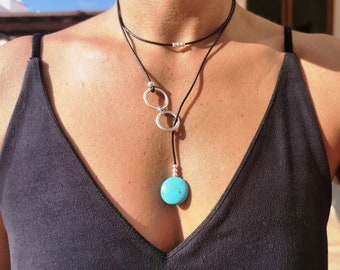 Turquoise necklace • lariat necklace silver • Y necklaces for women • silver leather Necklace • turquoise jewwelry • handmade jewelry Kekugi