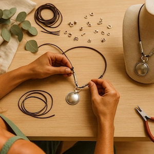 A woman is carefully crafting a necklace using various materials, including leather cords, beads, and pliers, on a wooden table.
