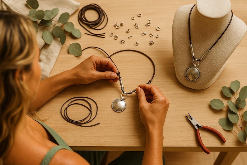 A woman is carefully crafting a necklace using various materials, including leather cords, beads, and pliers, on a wooden table.