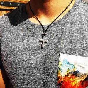 silver crucifix cross Mens Necklace Leather Pendant Necklace – Handmade Jewelry Gift for Him Personalized Jewelry by Kekugi