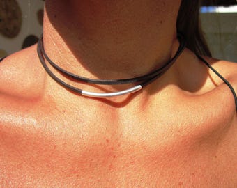leather choker necklace, classic minimalist jewelry necklace, short bohemian necklace,  boho jewelry, layered handmade jewelry