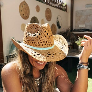 Handgemaakte stro turquoise zonnehoeden, Boho cowboyhoeden voor dames, boho strandfestivalhoed, zomerhoed, boho cowgirl hoeden voor dames afbeelding 4
