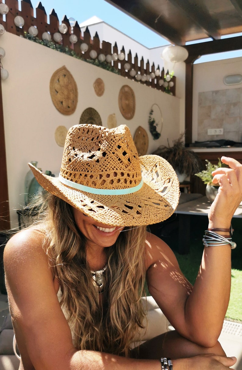 Handmade straw turquoise sun hats, Boho cowboy hats for women, bohemian beach festival hat, summer Hat, boho cowgirl hats for women image 4