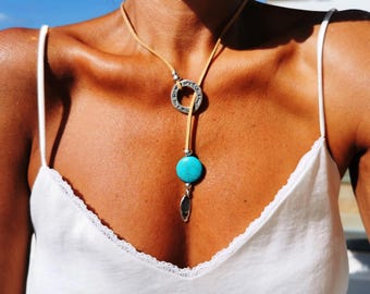 Turquoise Y lariat Necklace for couples • turquoise Ring necklace gift for Her • Bohemian Handmade Jewelry • Best selling items