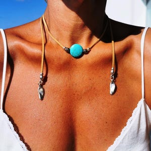 Leather Choker turquoise Necklace pendant silver beaded   • Bohemian Handmade Jewelry