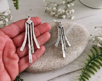 Silver Beaded Dangle Drop Earrings • Cute Unique Boho Handmade Jewelry