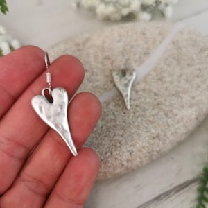 Gift for her hook sterling silver heart earrings dangle, statement drop earrings. Personalized handmade jewelry, cute unique earrings.