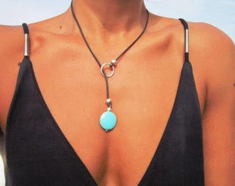 Statement turquoise charm Y lariat necklace, handmade silver bohemian jewelry