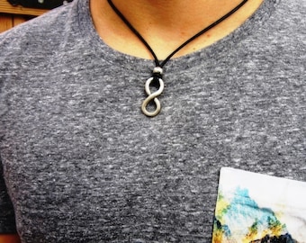silver infinity Mens Necklace Leather Pendant Necklace – Handmade Jewelry Gift for Him Personalized Jewelry by Kekugi