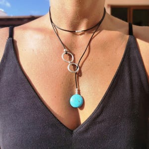 Turquoise necklace • lariat necklace silver • Y necklaces for women • silver leather Necklace • turquoise jewwelry • handmade jewelry Kekugi