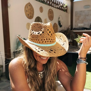 Handgemaakte stro turquoise zonnehoeden, Boho cowboyhoeden voor dames, boho strandfestivalhoed, zomerhoed, boho cowgirl hoeden voor dames afbeelding 7