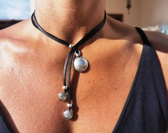 lariat y necklace, statement leather necklace for women, handmade jewelry pendant necklace, boho silver jewelry gift for her