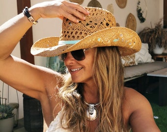 Chapeaux de soleil turquoise en paille faits à la main, chapeaux de cowboy Boho pour femmes, chapeau de festival de plage boho, chapeau d'été, chapeaux de cow-girl boho pour femmes