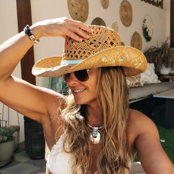 Handgemachte Stroh türkise Sonnenhüte, Boho Cowboyhüte für Frauen, Boho Beach Festival Hut, Sommer Hut, Boho Cowgirl Hüte für Frauen