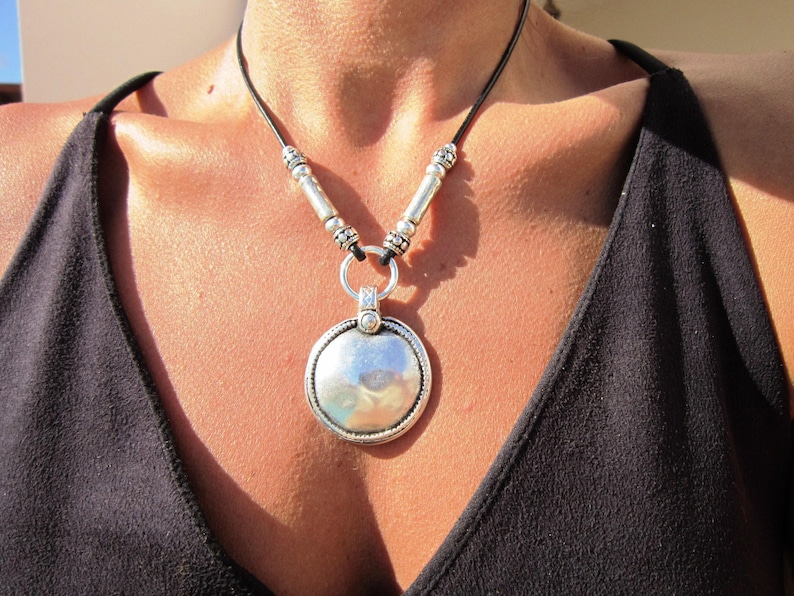 silver pendant necklace, boho chic jewelry, bohemian necklace, statement jewelry, pendant necklace choker, handmade jewelry gift for her image 3