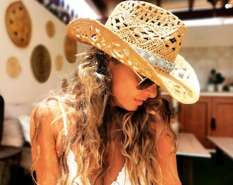 Handgemachte Stroh Sonnenhüte, Boho Cowboyhüte für Frauen, Boho Beach Festival Hut, Sommerhut, Boho Cowgirlhüte für Frauen