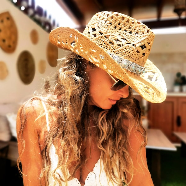 Chapeaux de soleil en paille faits à la main, chapeaux de cowboy Boho pour femmes, chapeau de festival de plage boho, chapeau d'été, chapeaux de cow-girl boho pour femmes