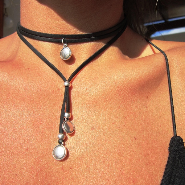 HANDGJORDA SMYCKEN chokerhalsband för kvinnor, halsbandsset med lager, pärlhalsband i boho-stil för tjej, charm-chokerhalsband, läderhalsband