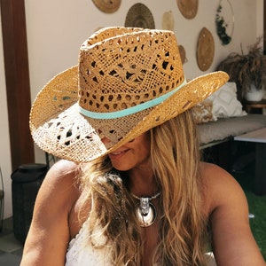 Handgemaakte stro turquoise zonnehoeden, Boho cowboyhoeden voor dames, boho strandfestivalhoed, zomerhoed, boho cowgirl hoeden voor dames afbeelding 6