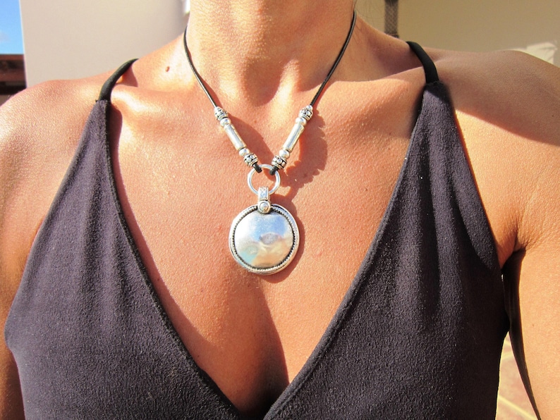 silver pendant necklace, boho chic jewelry, bohemian necklace, statement jewelry, pendant necklace choker, handmade jewelry gift for her image 4