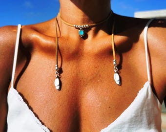 Leather Choker turquoise Necklace silver beaded and pendant  • Bohemian Handmade Jewelry