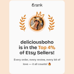 The image is a promotional graphic for ERSY, an online marketplace for handmade and vintage items. It features a woman wearing a hat and sunglasses, with a crown above her head, and a text overlay that reads "deliciousboho is in the Top 4% of ERSY Sellers!" The text also states that every order, every review, and every bit of love counts, and it is a collage of multiple images.