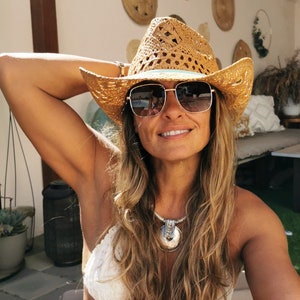 Handmade straw turquoise sun hats, Boho cowboy hats for women, bohemian beach festival hat, summer Hat, boho cowgirl hats for women image 2