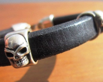 skull Mens leather bracele, t gifts for him, mens jewelry, handmade jewelry, gifts for men, silver mens bracelet