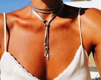 wrap silver leather Y lariat Necklace for couples • Bohemian Handmade Jewelry Best selling items