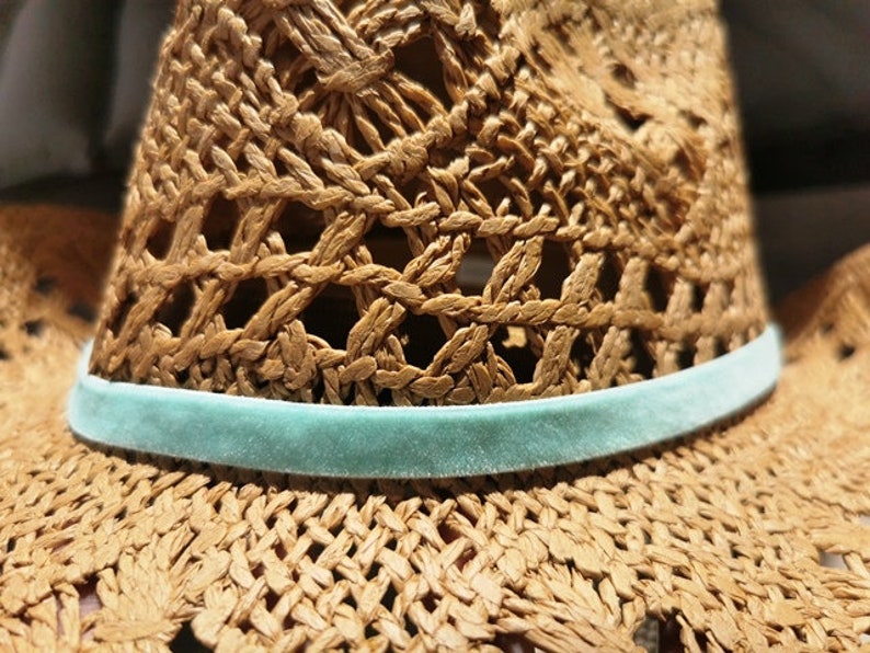 Handgemaakte stro turquoise zonnehoeden, Boho cowboyhoeden voor dames, boho strandfestivalhoed, zomerhoed, boho cowgirl hoeden voor dames afbeelding 10