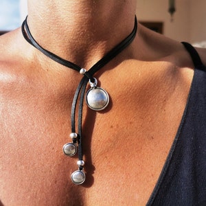 lariat y necklace, statement leather necklace for women, handmade jewelry pendant necklace, boho silver jewelry gift for her