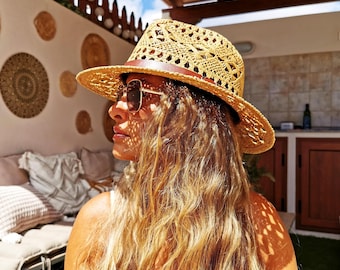 Crochet Custom Straw fedora hat for women • Bride bachelorette party