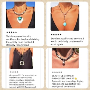 The image is a collage of four photos featuring necklaces with different designs and materials. The necklaces appear to be handmade and have a bold and striking appearance. The necklaces are described as "incredibly handcrafted" and "excellent quality and service." The necklaces are also referred to as "gorgeous!" and "absolutely love it." The overall impression is that these necklaces are of high quality and would be recommended to others.