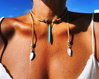 Leather Choker turquoise Necklace pendant silver beaded   • Bohemian Handmade Jewelry
