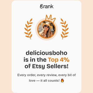 The image is a promotional graphic for ERSY, an online marketplace for handmade and vintage items. It features a woman wearing a hat and sunglasses, with a crown above her head, and a text overlay that reads "deliciousboho is in the Top 4% of ERSY Sellers!" The text also states that every order, every review, and every bit of love counts, and it is a collage of multiple images.