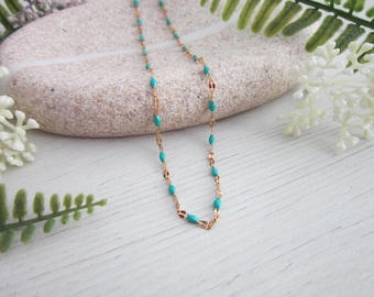 Türkis schlichte Goldkette, zierliche Choker, minimalistische Kette Boho Schmuck
