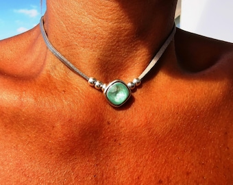 turquoise crystal Leather Choker Necklace silver beaded with turquoise charm • Bohemian Handmade Jewelry • Best selling items