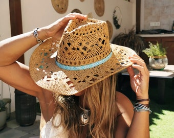 Handgemachte Stroh türkise Sonnenhüte, Boho Cowboyhüte für Frauen, Boho Beach Festival Hut, Sommer Hut, Boho Cowgirl Hüte für Frauen