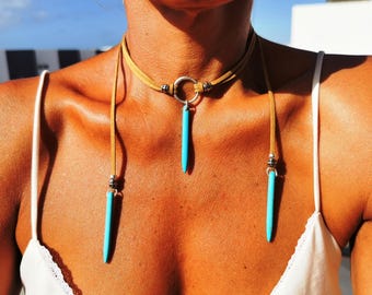 Leather Choker turquoise Necklace pendant silver beaded   • Bohemian Handmade Jewelry