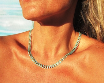 Türkis schlichte Goldkette, zierliche Choker, minimalistische Kette Boho Schmuck