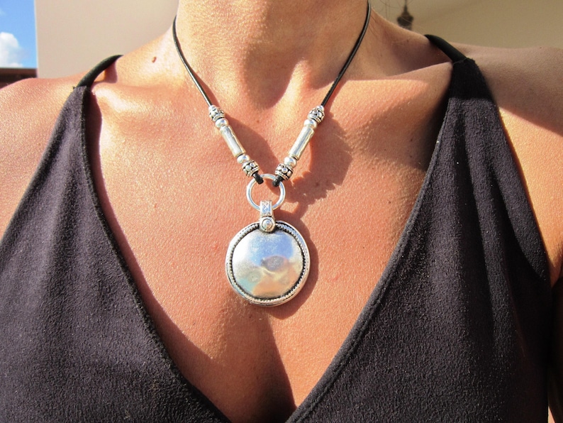 silver pendant necklace, boho chic jewelry, bohemian necklace, statement jewelry, pendant necklace choker, handmade jewelry gift for her image 2