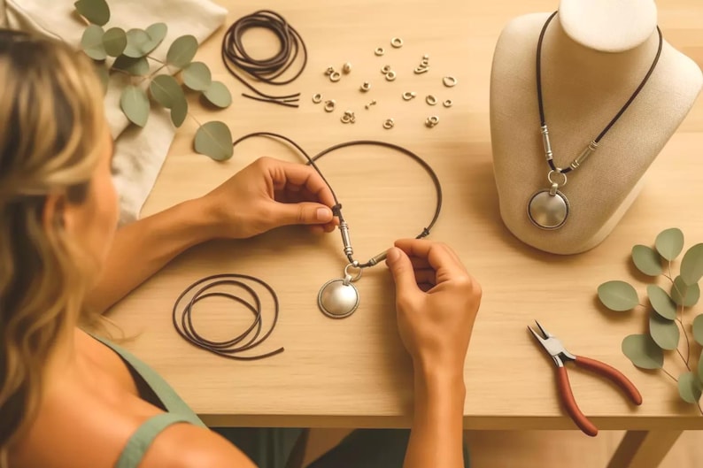 A woman is carefully crafting a necklace, surrounded by various crafting supplies and materials on a wooden table.