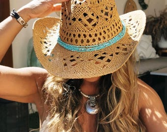 turquoise Coastal cowgirl Custom Straw cowboy hat for women • Bride bachelorette