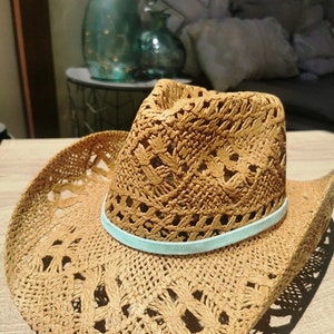 Handmade straw turquoise sun hats, Boho cowboy hats for women, bohemian beach festival hat, summer Hat, boho cowgirl hats for women image 9
