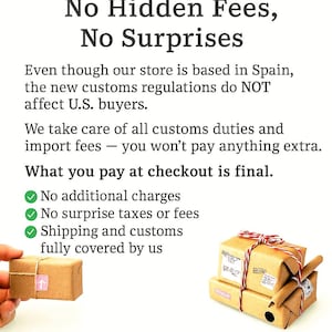 The image is a promotional poster for a store that does not charge hidden fees or surprise additional charges. It emphasizes the store's commitment to transparency and customer satisfaction, stating that the final price at checkout is the final price, and that the store takes care of all customs duties and import fees. The poster also encourages customers to shop with confidence, knowing that their order is fully protected and worry-free.