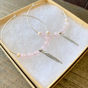 Rose Quartz- Feather Hoop Earrings
