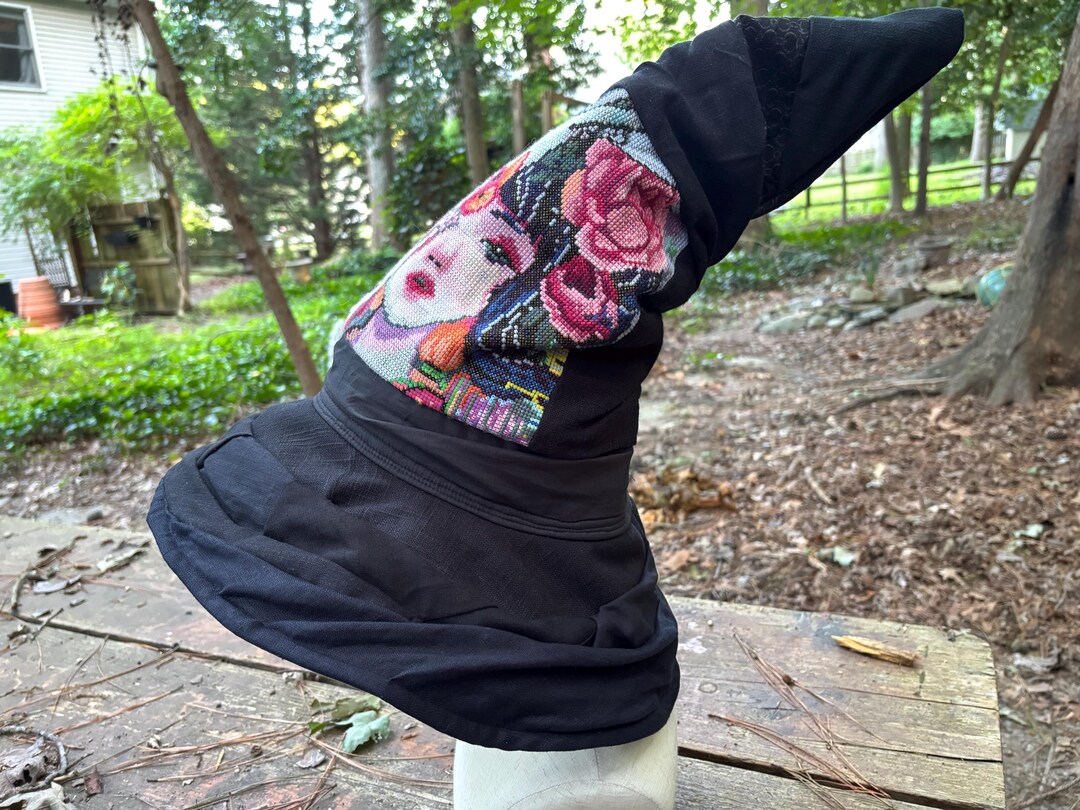 Black Wizard Hat With Geisha and Rabbit Mask Cross Stitch Ready to Ship ...