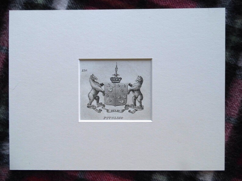 PITSLIGO Antique Scottish heraldry engraving 1834 mounted print family coat of arms
