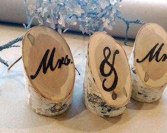 Mr and Mrs sign-Free standing letters- Mr and Mrs Table Sign-Wooden Wedding Signs-Natural Birch Woodburned